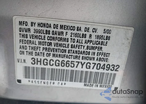 2000 Honda Accord 2.3 Lx из США, поврежденный, VIN 3HGCG6657YG704932